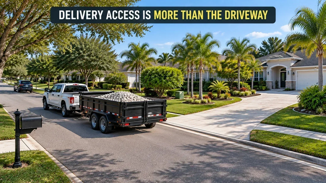 White pickup towing a loaded black dump trailer on a residential street beside a driveway, illustrating that delivery access involves more than the driveway itself.