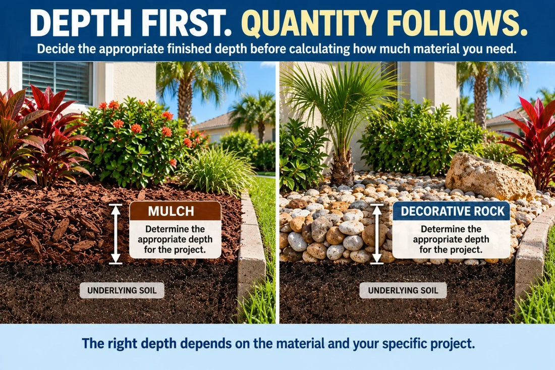 Mulch and decorative rock landscape beds illustrating that the appropriate finished depth should be determined before calculating material quantity.