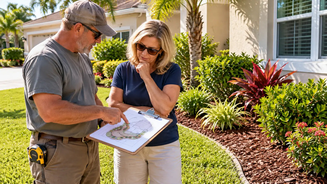 Landscaping contractor reviewing a residential landscape project plan with a homeowner before ordering bulk landscape materials.