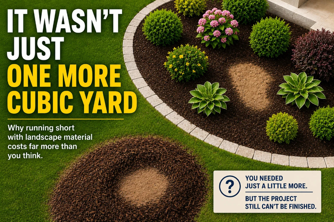 Hero graphic showing a nearly completed landscape bed with one small unfinished area and an empty mulch pile, illustrating how running short on material can delay finishing a landscaping project.