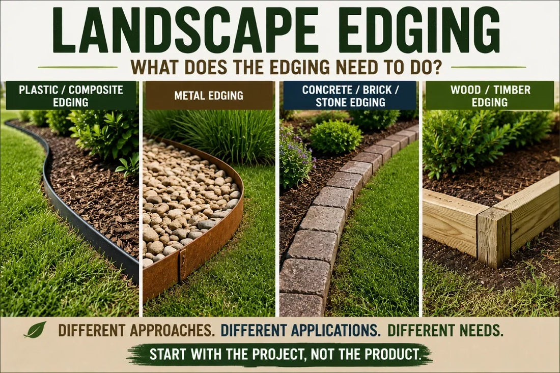 Landscape edging examples showing plastic or composite, metal, stone, and wood borders for different landscape applications.