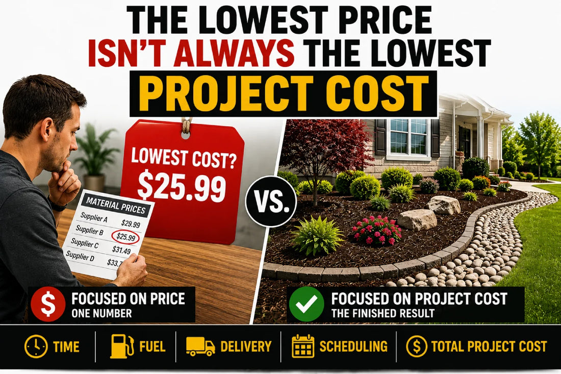 Split-screen graphic comparing a customer focused on the lowest material price with a completed landscape project, illustrating that the lowest price is not always the lowest total project cost.