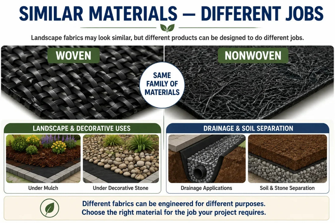 Comparison of woven and nonwoven landscape fabrics with examples of landscape, decorative stone, drainage, and soil-separation applications.
