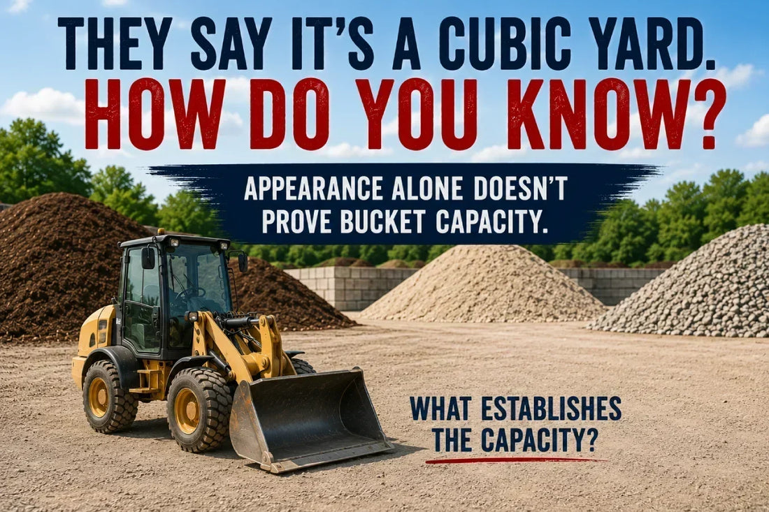 Loader with an approximately one-cubic-yard bucket in a landscape material yard, illustrating that appearance alone does not establish bucket capacity.