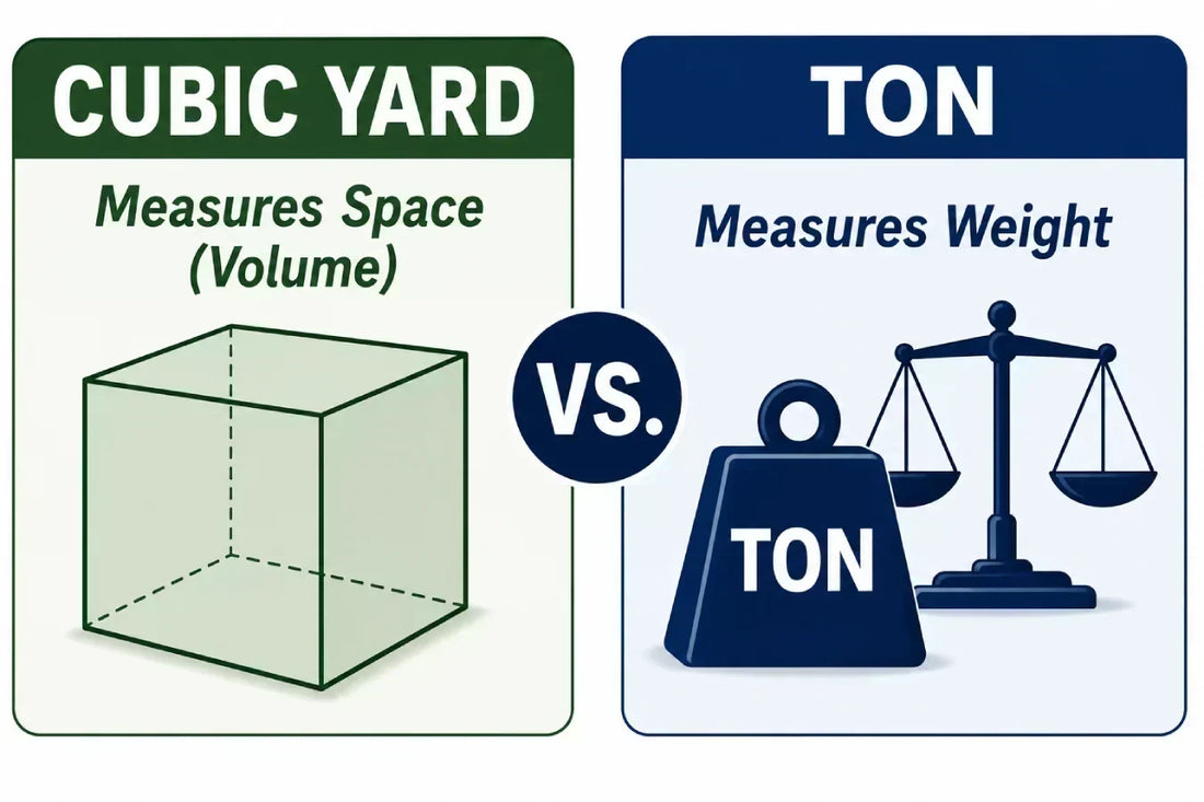 Hero graphic comparing cubic yards and tons, showing that cubic yards measure space while tons measure weight.