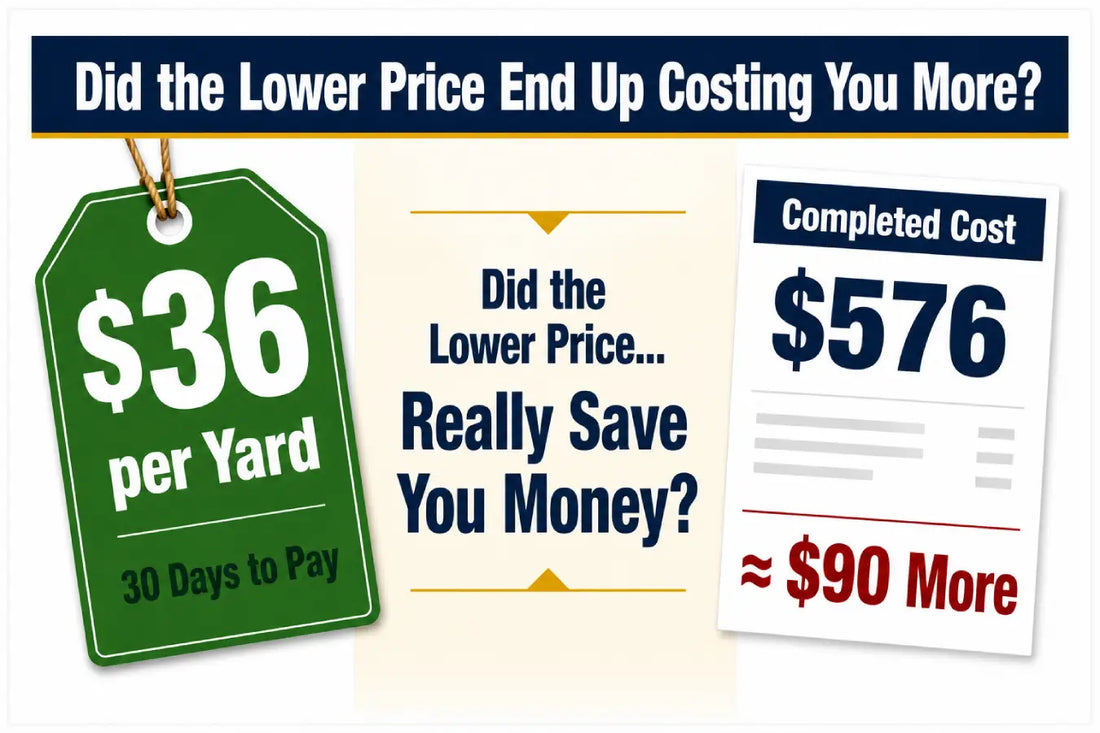 Comparison graphic with a $36 per yard price tag, a completed cost of $576, and a highlighted difference of approximately $90 more.