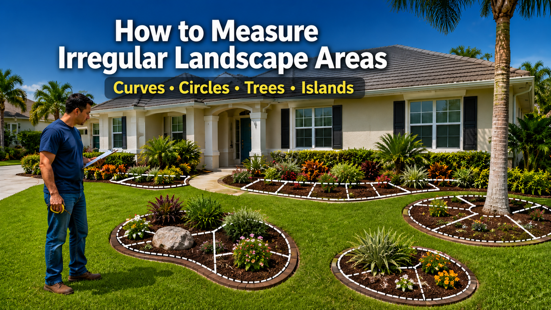 Hero illustration showing a Florida-style home with irregular landscape beds divided into simple measuring sections, introducing how to measure curves, circles, trees, islands, and other non-rectangular landscape areas.