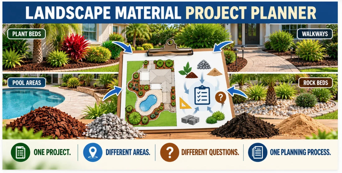 Landscape Material Project Planner graphic showing plant beds, pool areas, walkways, rock beds, and different landscape materials brought together into one project planning process.