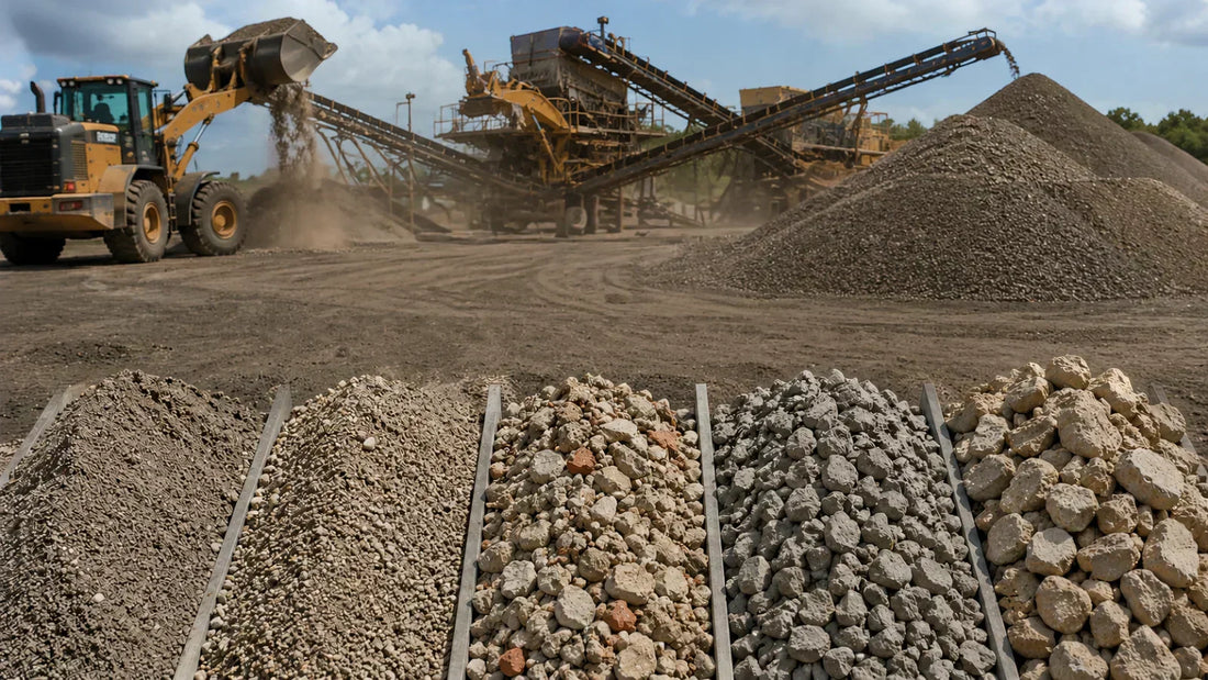 Recycled aggregate processing facility with crushing and screening equipment, aggregate stockpiles, wheel loader, and multiple recycled aggregate materials showing differences in texture, particle size, gradation, and fines content