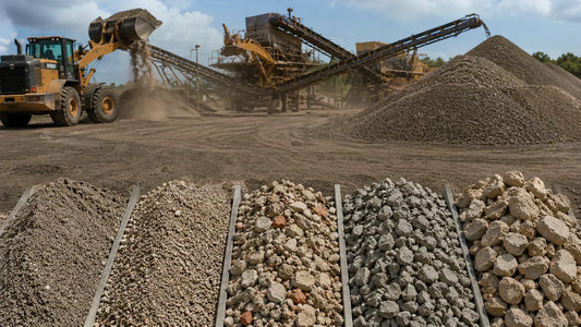 Recycled aggregate processing facility with crushing and screening equipment, aggregate stockpiles, wheel loader, and multiple recycled aggregate materials showing differences in texture, particle size, gradation, and fines content