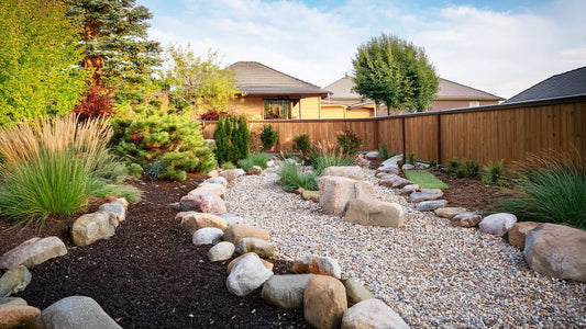 Decorative river rock used in landscape beds around plants and edging in a residential setting