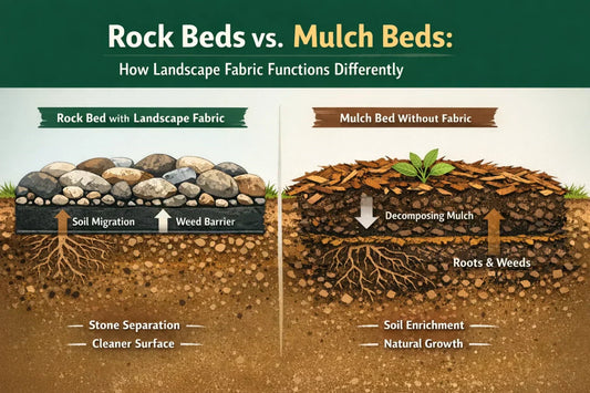 Cross-section diagram comparing a rock landscape bed with landscape fabric to a mulch bed where organic mulch decomposes into soil.
