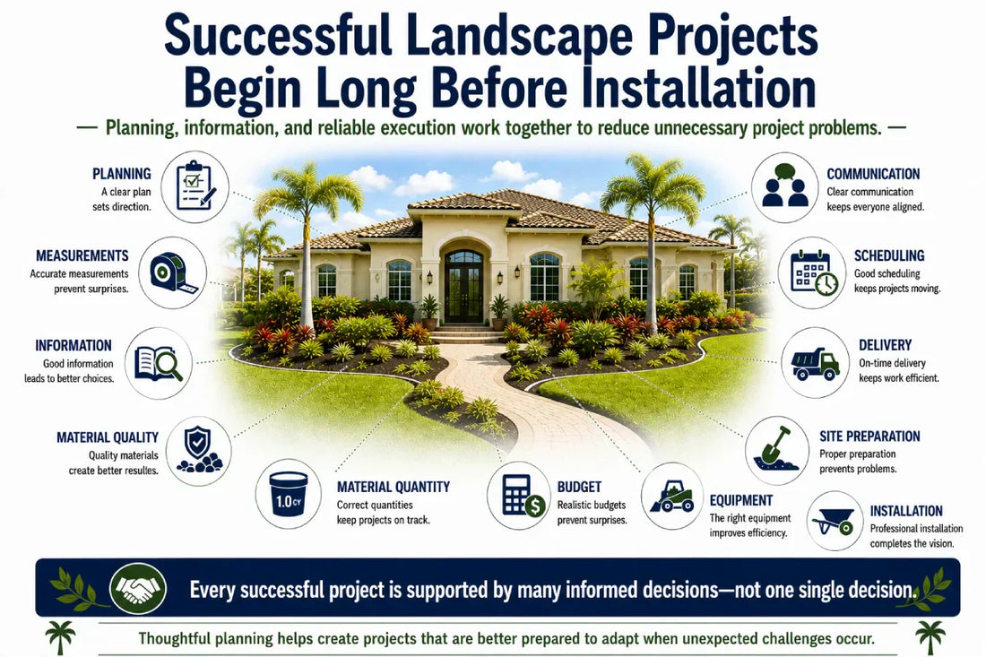 Completed landscape surrounded by planning elements showing how measurements, information, scheduling, materials, communication, and preparation work together to support successful landscape projects.