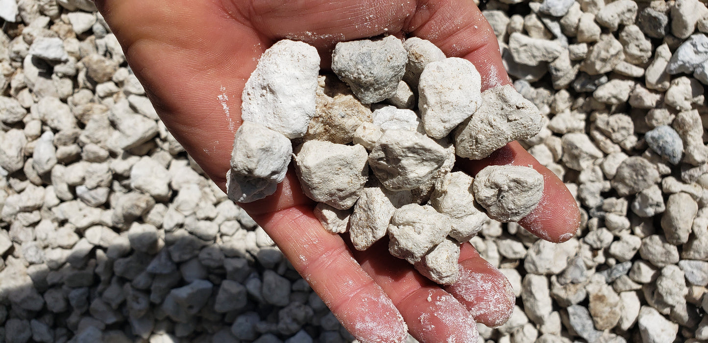 Close-up of #57 Limestone gravel held in hand, showing size and texture, ideal for landscaping, driveways, and construction projects.