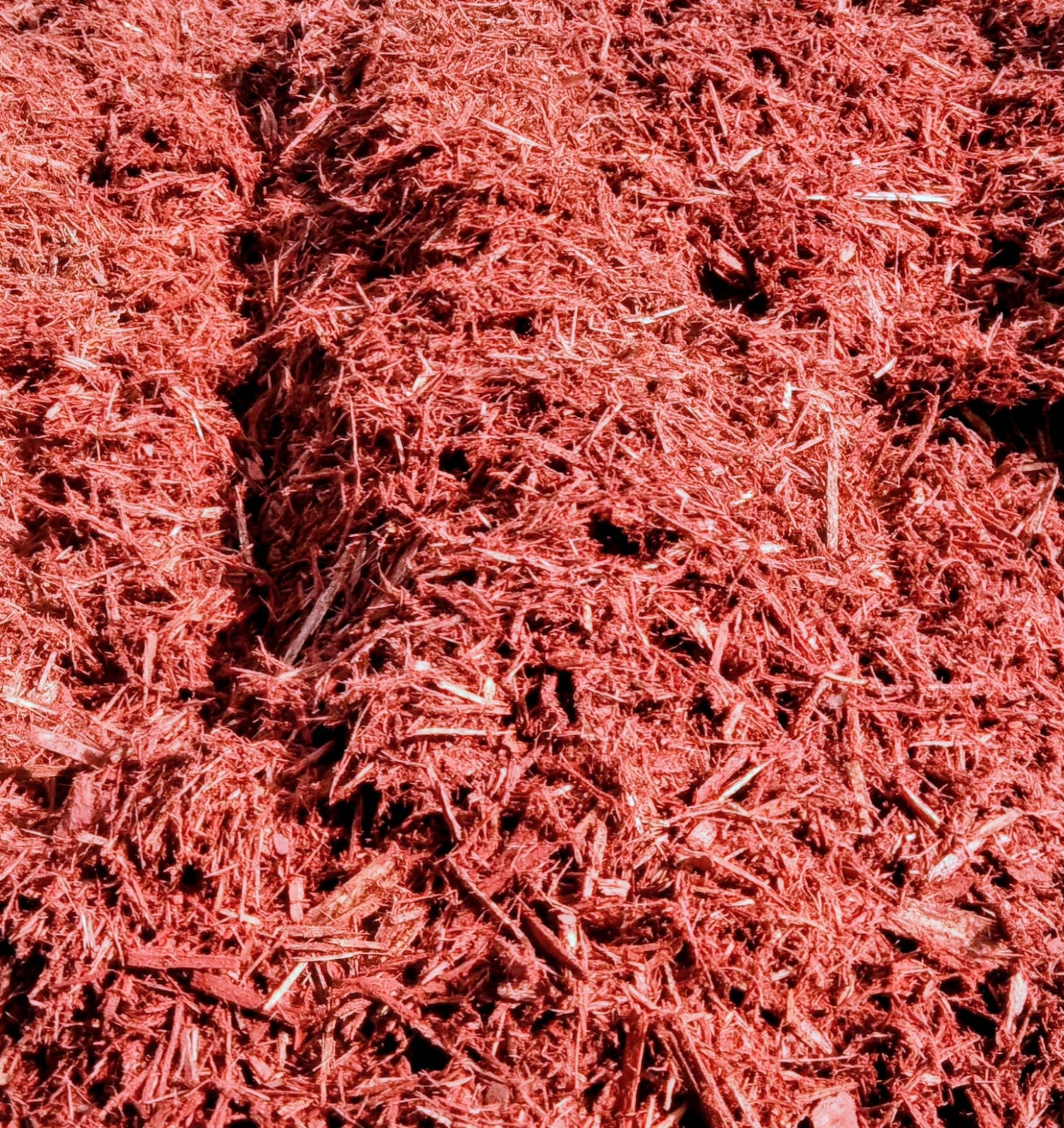 Close-up of Premium Red Mulch highlighting vibrant red color and uniform texture for landscaping, gardens, flower beds, and pathways from Mulch and Stuff